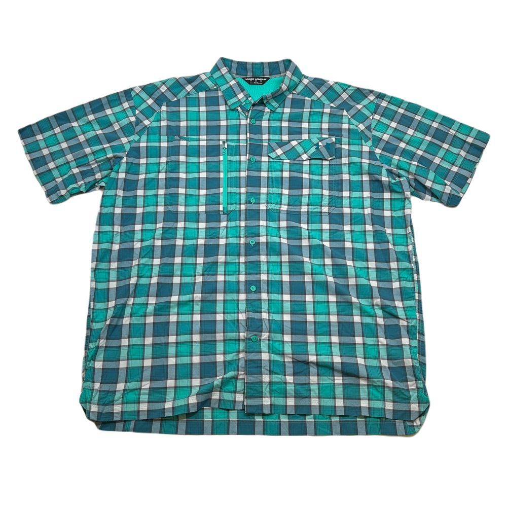 Under Armour Performance Shirt Mens 2XL Green Plaid‎ Short Sleeve Fish Golf